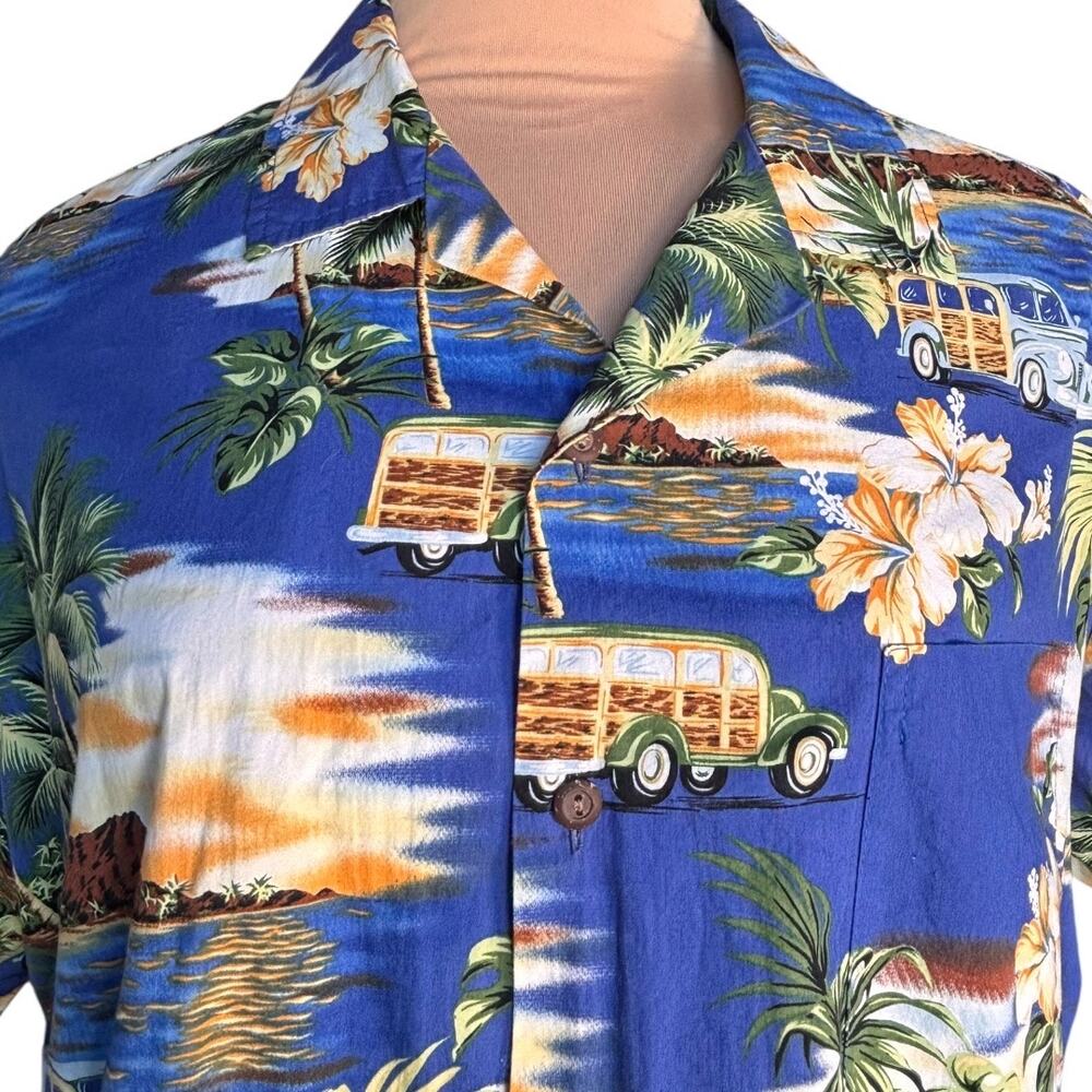 Vintage Hawaiian Woody Wagon Aloha Shirt Blue Tropical Island Camp Collar Top